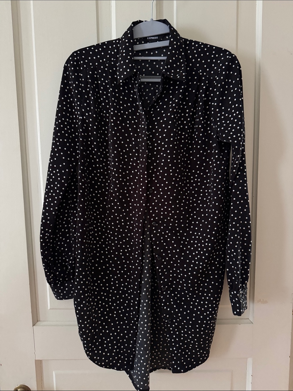 Express Black Button-Down Shirt with White Polka Dots